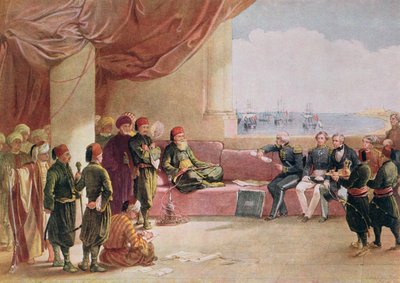 Mohamed Ali recibiendo enviados de Gran Bretaña en su palacio en Alejandría el 12 de mayo de 1839, 1849 de David Roberts